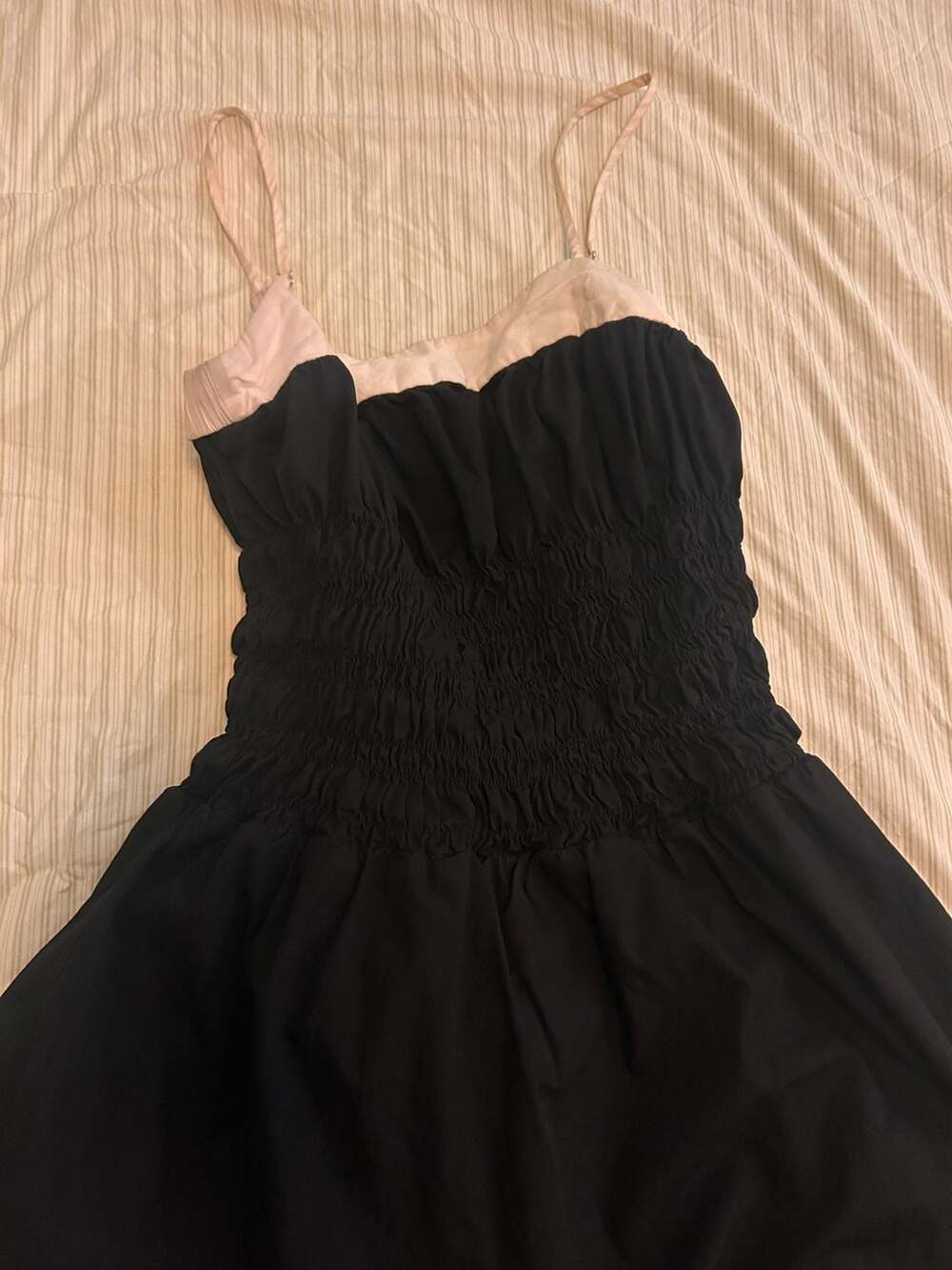Moon River Black and White Contrast Trim Smocked Midi Dress